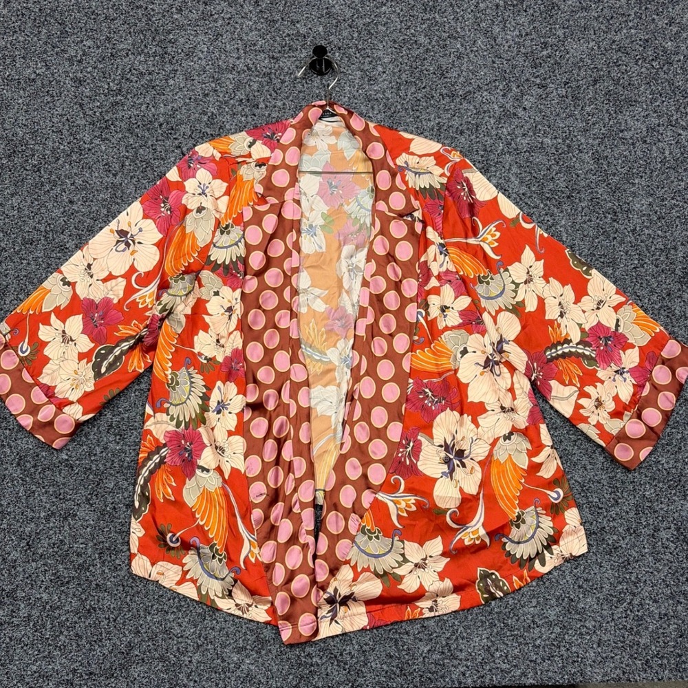 Zara Kimono Jacket Womens XXL Red Floral Polka Dot Open Front Boho Cardigan
